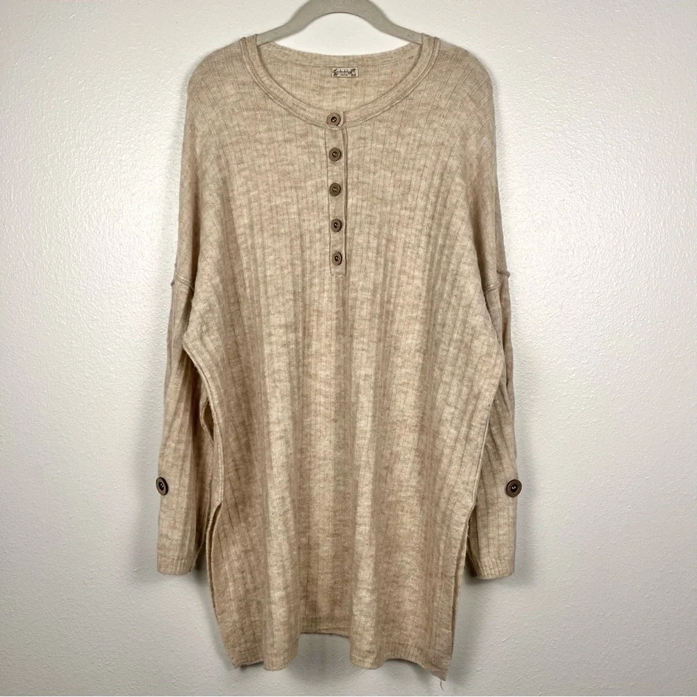 Free People Medium Around The Clock Oversized Henley Tunic Sweater Beige
